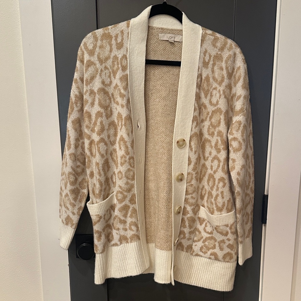 LOFT Cream and Tan Animal Print Cardigan